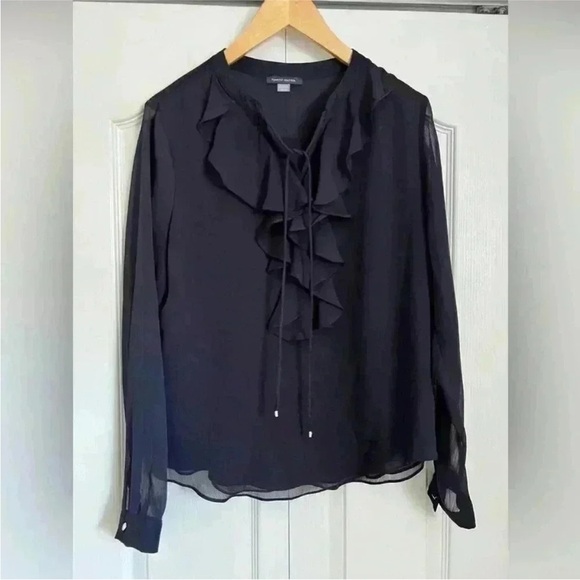 TOMMY HILFIGER Women's Classic Long Sleeve Ruffle Front Blouse Blouse - Midnight - Picture 4 of 11